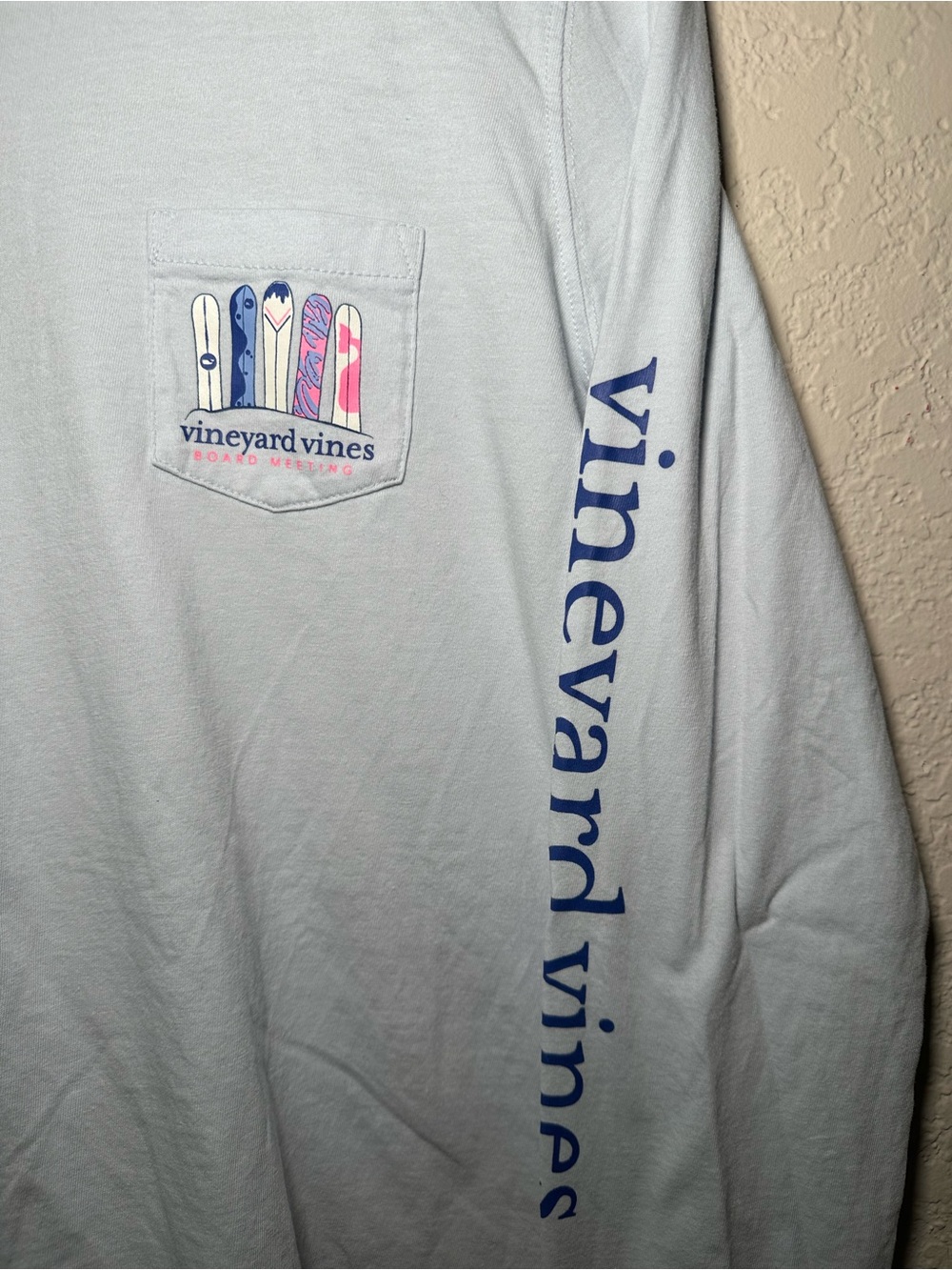 Vineyard Vines Light Blue Long Sleeve Pocket Tee with Surfboard Graphic
